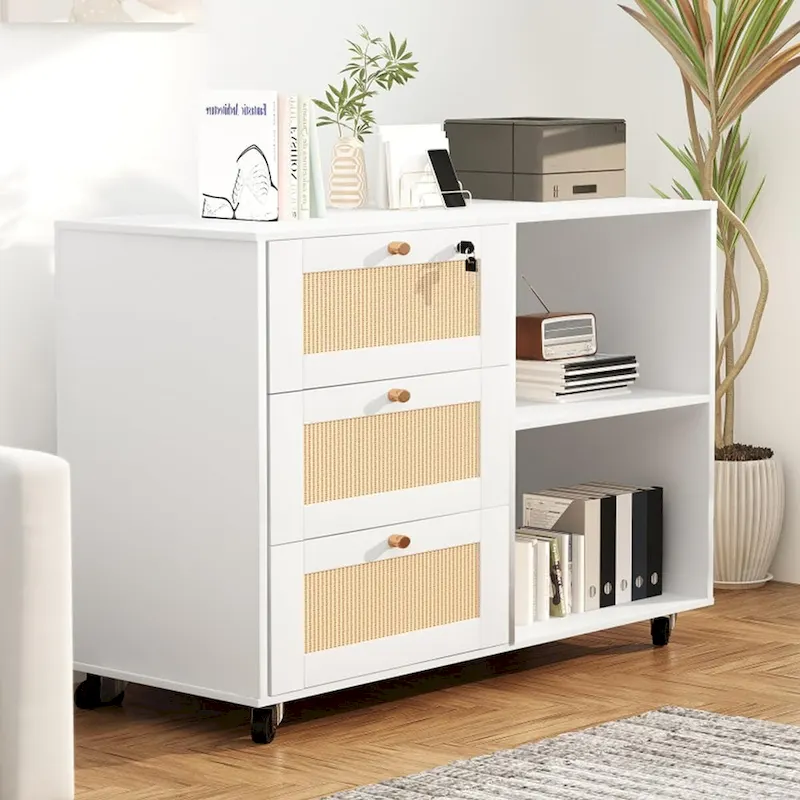 White Rattan 3-Drawer Rolling File Cabinet for Home Office, 1-Person