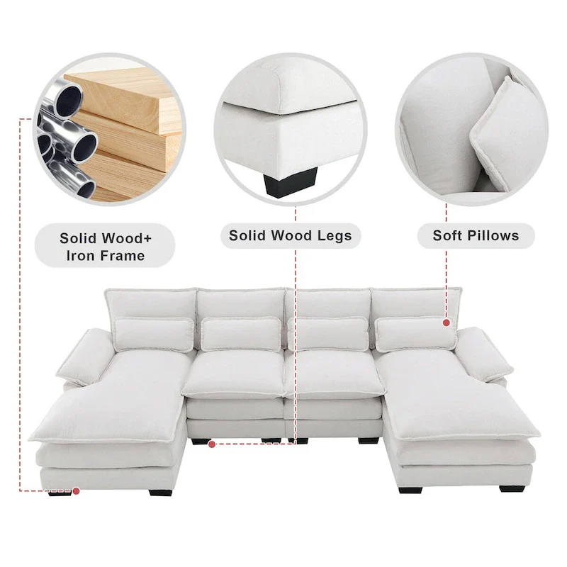 6-seat Upholstered Modern U-shaped Sectional Sofa with Waist Pillows,Sleeper Sofa Couch with Chaise Lounge,White
