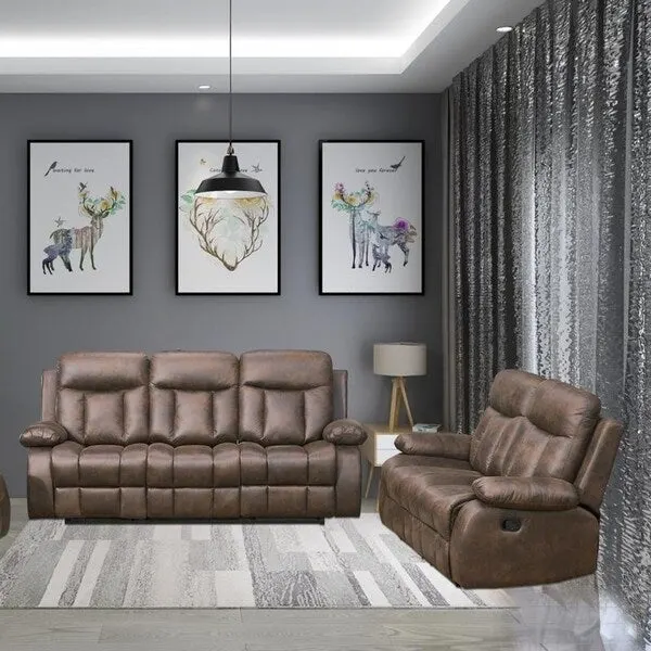 Brown Microfiber 2-Piece Reclining Loveseat with One Motion Sofa One Motion Loveseat Living Room Set - N/A