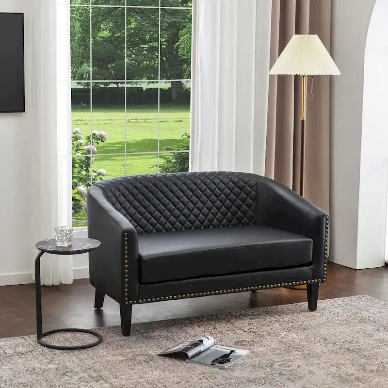 Tufted Faux Leather Barrel Loveseat, 2-Seater – Black / Cream / Burgundy / Coffee / Green / Brown