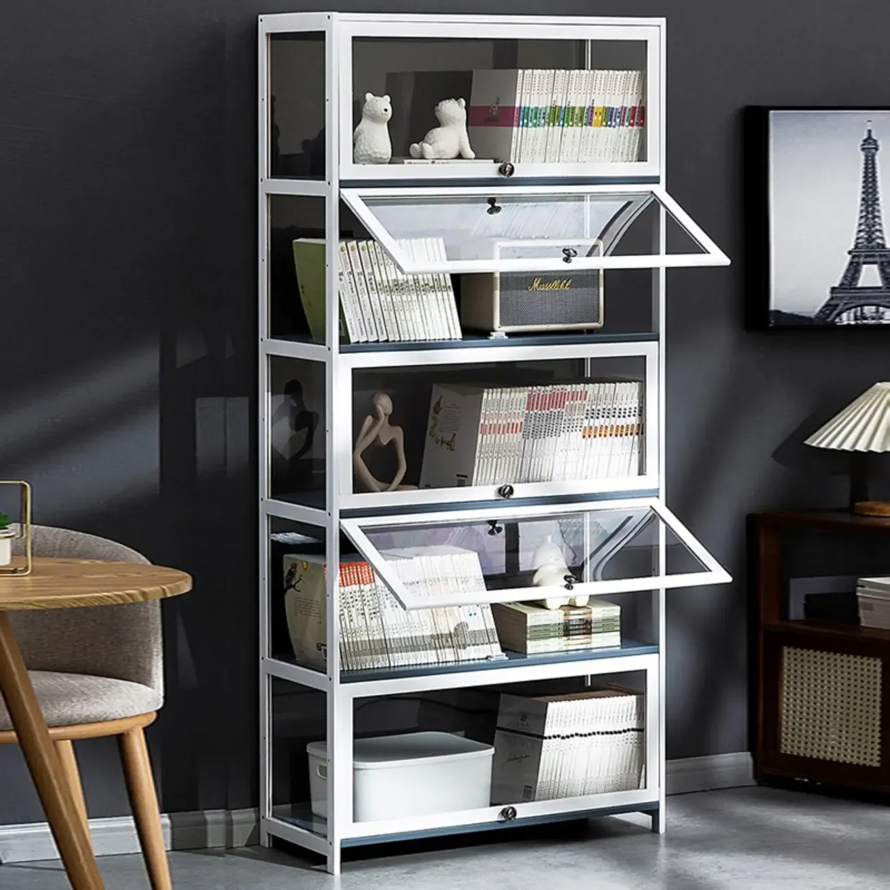 Modern White Bamboo Flip-Up Glass Display Cabinet