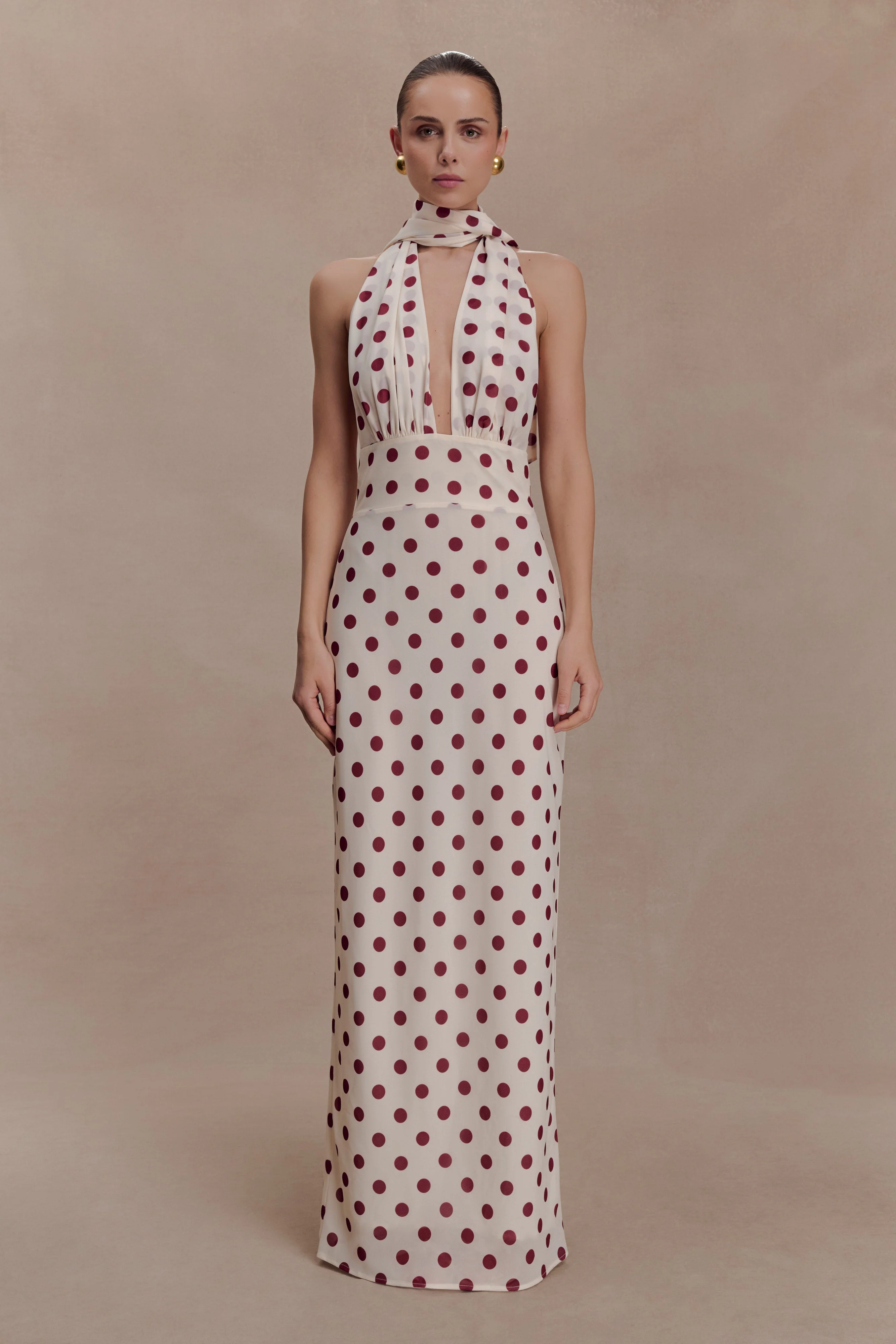 Nadine Halter Chiffon Maxi Dress - Ivory/Merlot Polka Dot
