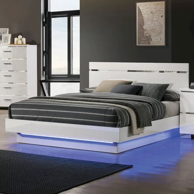 Modern White LED Light Platform Bed