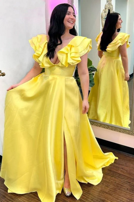 Hot Pink V-Neck Ruffle A-Line Long Prom Dress