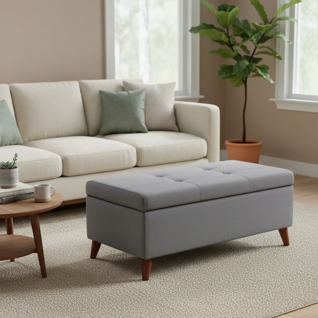 Gray Fabric Storage Ottoman Bench with Brown Wood Legs and Lift-Top – 38 in – 1 or 2 Person