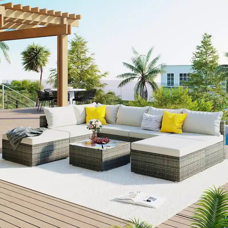 8-Piece Outdoor Wicker Reversible Patio Sectional Sofa with Cushions
