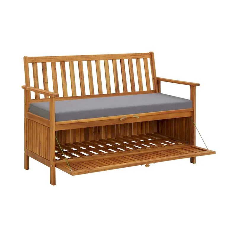 Outdoor Storage Bench, Brown Solid Acacia Wood, Gray Fabric, 47 Inch