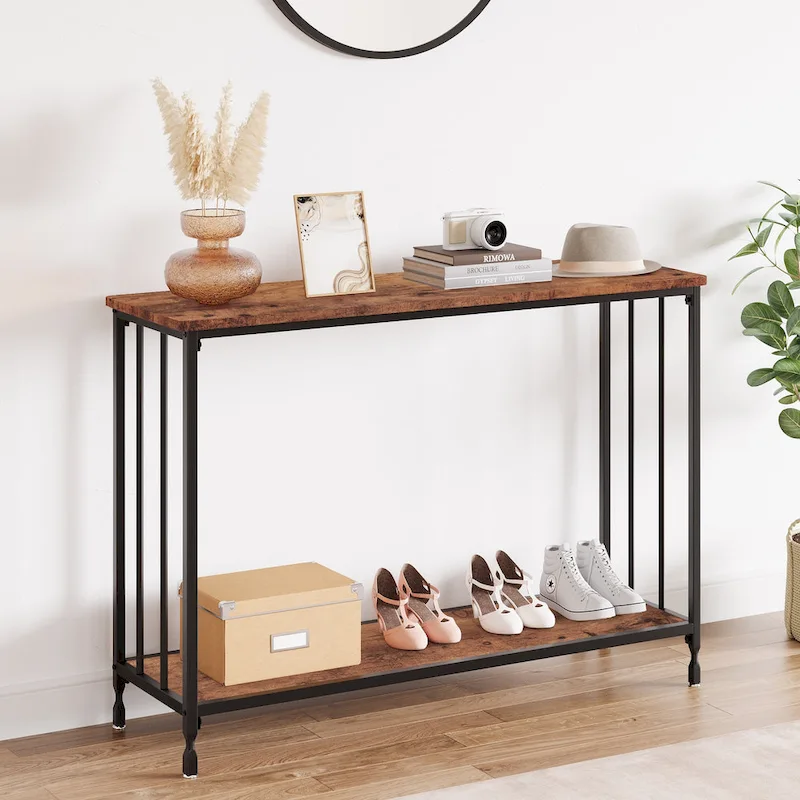Grey / Brown / Gold 2-Tier Console Table, Industrial Retro Style, 1-Person