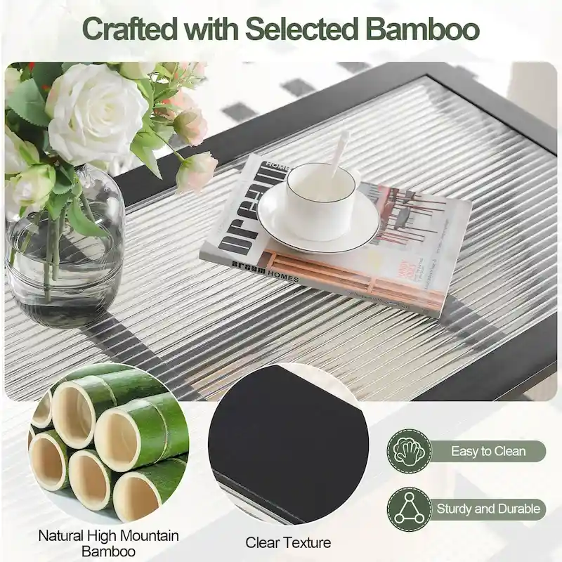 Bamboo Glass Top Side Table Accent End Table with Magazine Rack