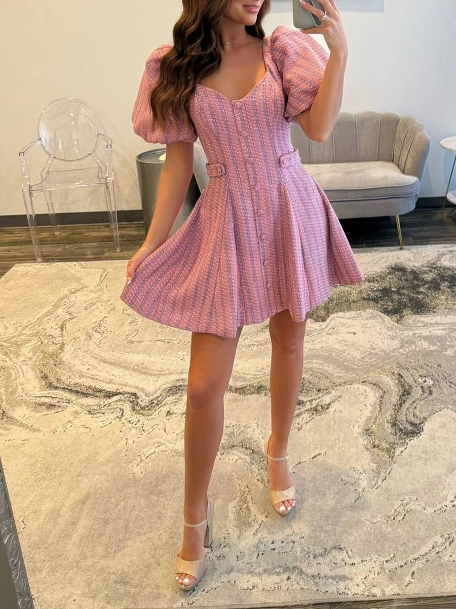 Pink - A Line V Neck Textured Tweed Homecoming Dresses with Puffed Sleeves