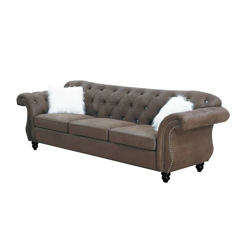 93 Inch Modern Sofa, Faux Leather, Rolled Armrests, Brown