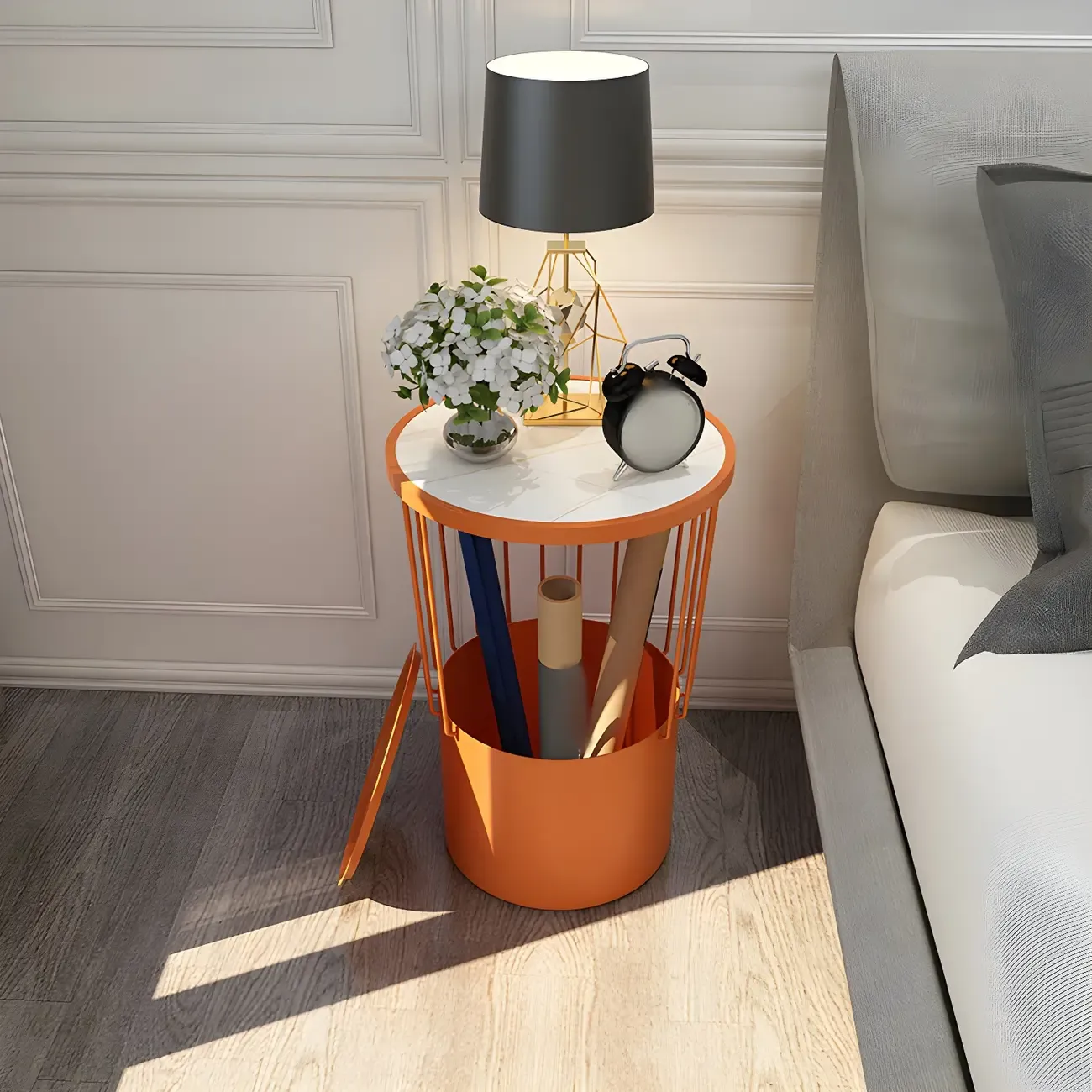 Modish Style Metal Drum Shape Bedside Table with Open Storage