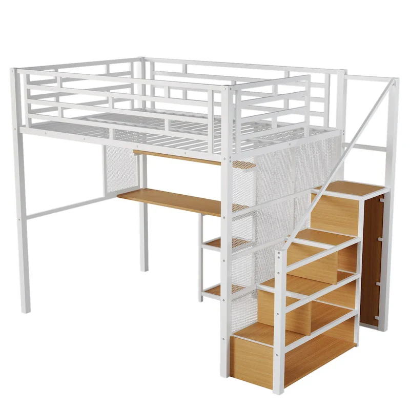 White Full Size Metal Loft Bed with Wardrobe, Desk & Storage Shelves | Space-Saving