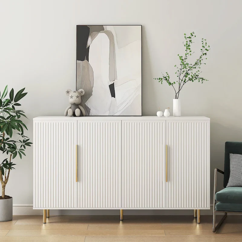 Buffet Cabinet with Fluted Decorative Doors, Wood Sideboard Cabinet with Metal Handles, Storage Cabinet with Adjustable Shelves