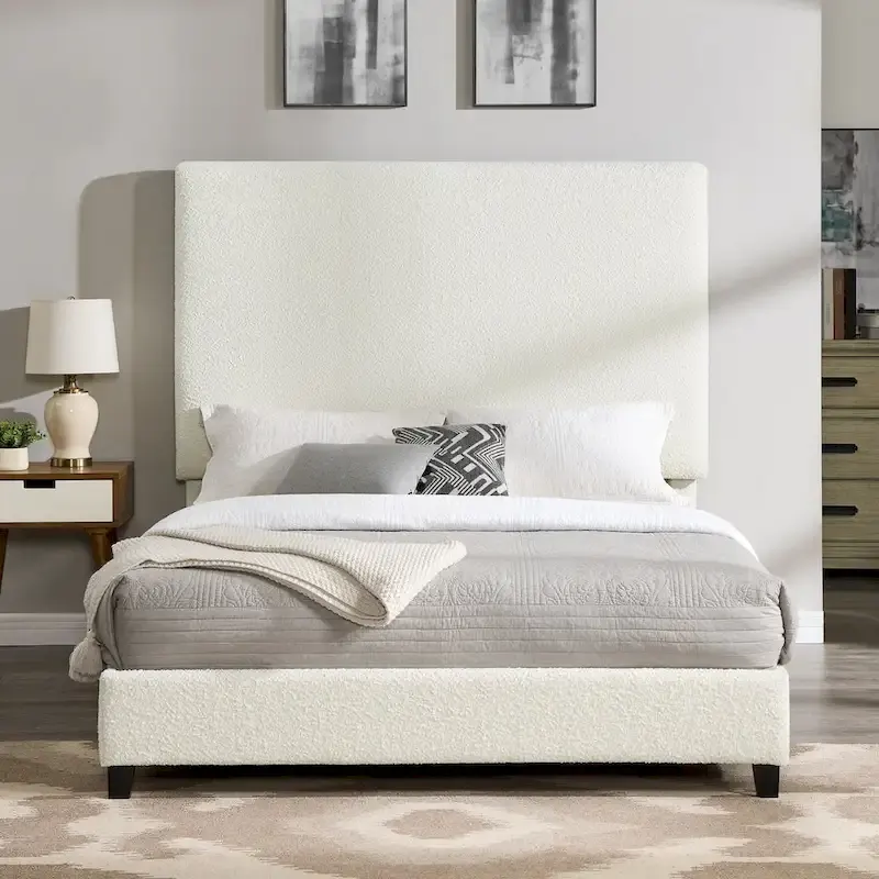 Tall White Boucle Panel Headboard Upholstered Platform Bed — LVL & CNC Plywood Frame