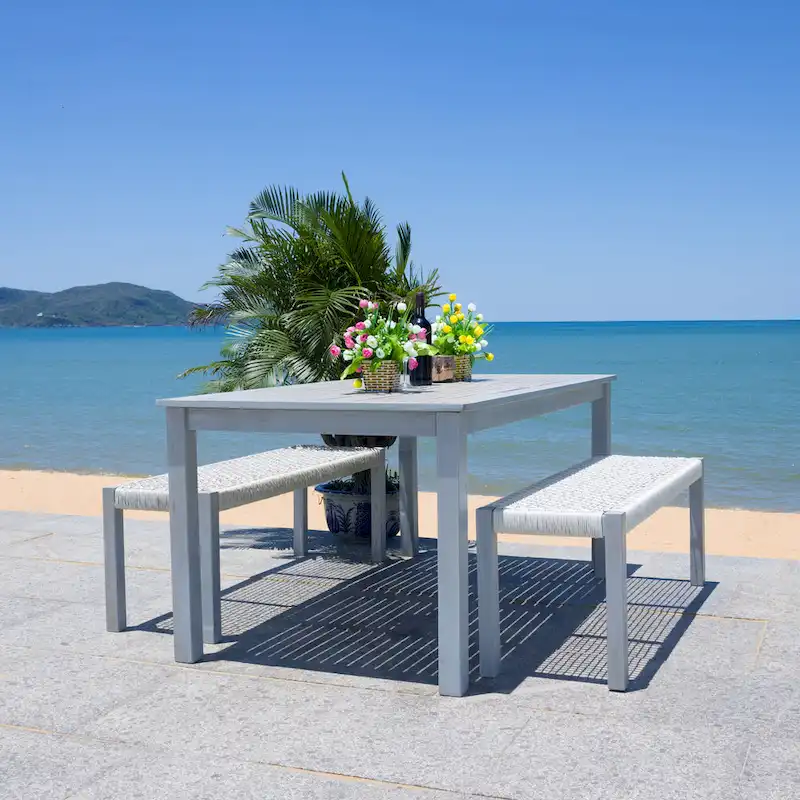 SAFAVIEH Outdoor Living Aquina Table and 2-Bench Dining Set - 35