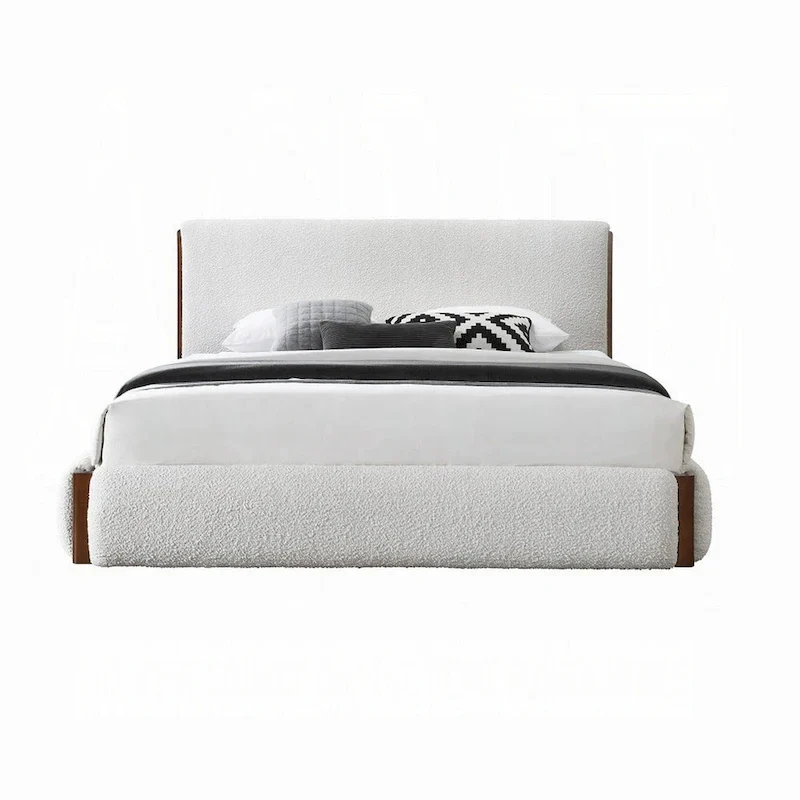 King Platform Bed with Tall Headboard, White Boucle & Walnut Wood Frame