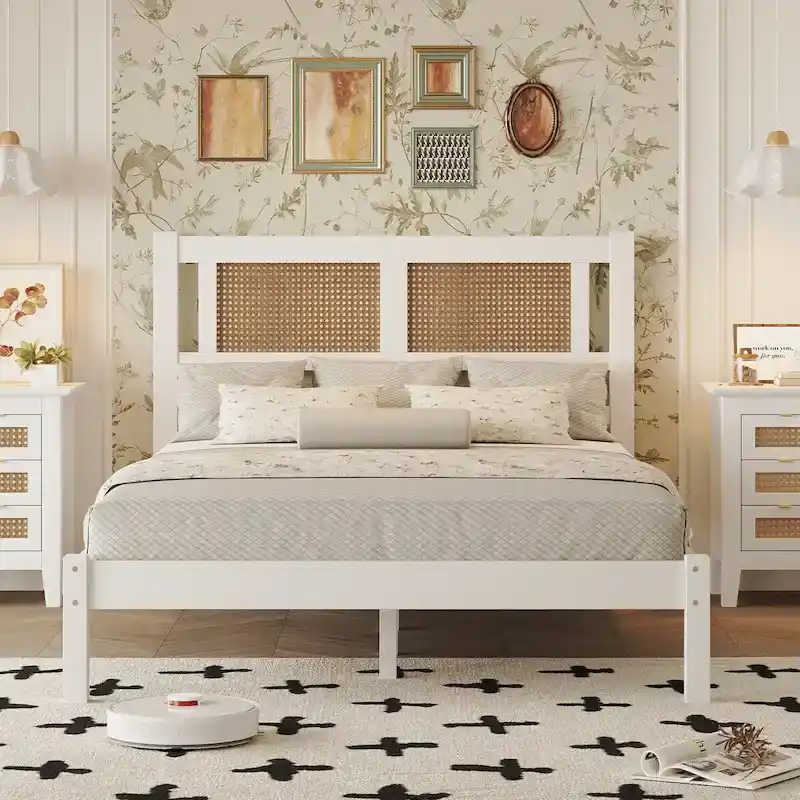 Wood Platform Bed with Rattan Headboard – White / Black, Bohemian Style