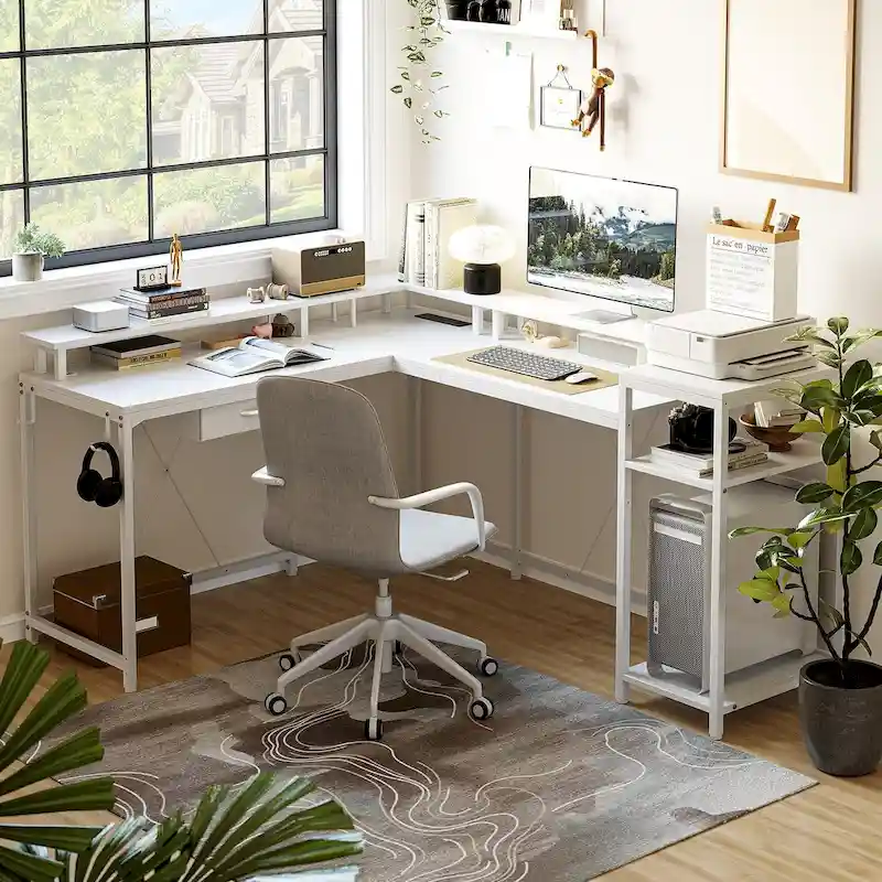 68 Home Office Desk with File Drawer & Power Outlet, LED Lights