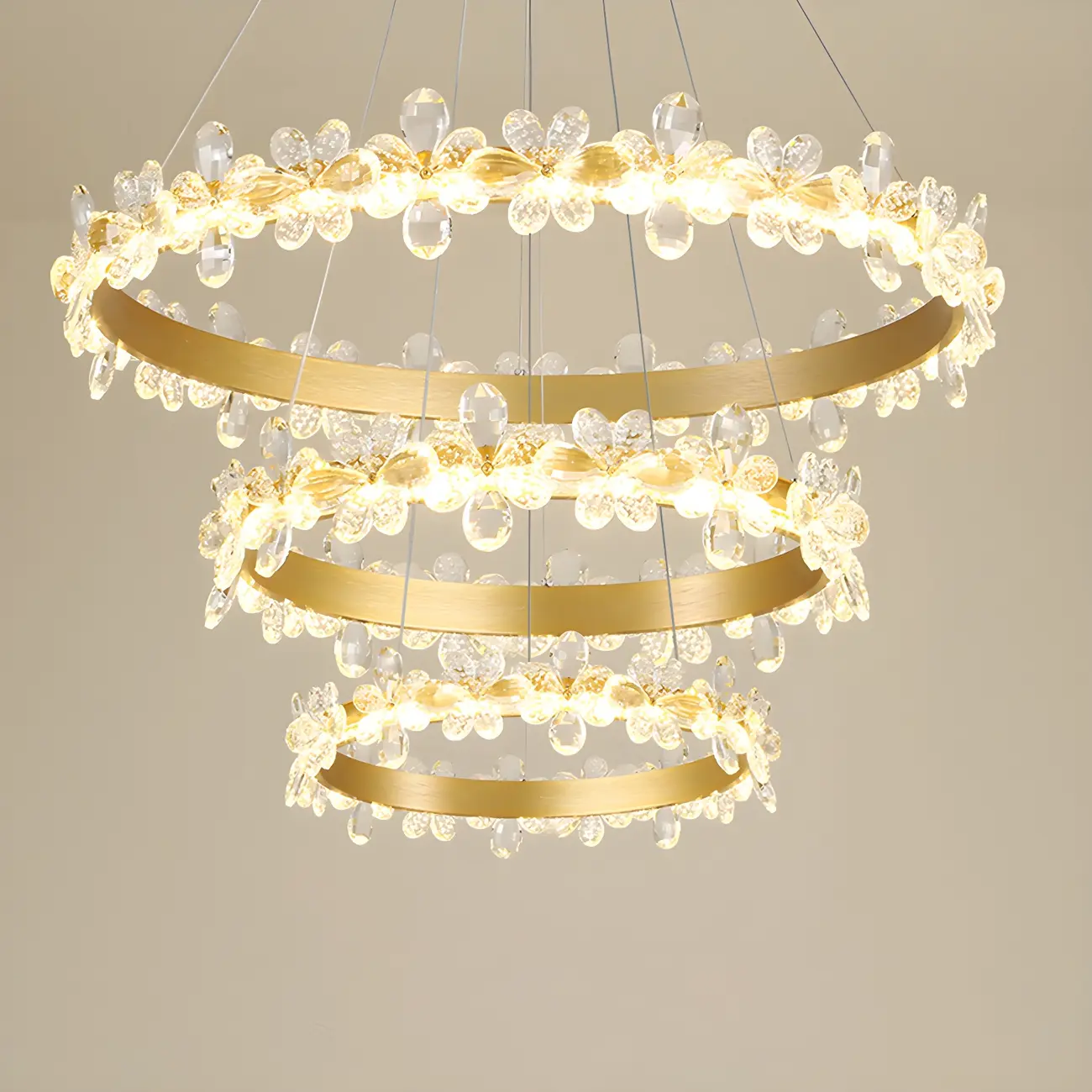 Modern Gold Dimmable LED Flower Crystal Ring Chandelier