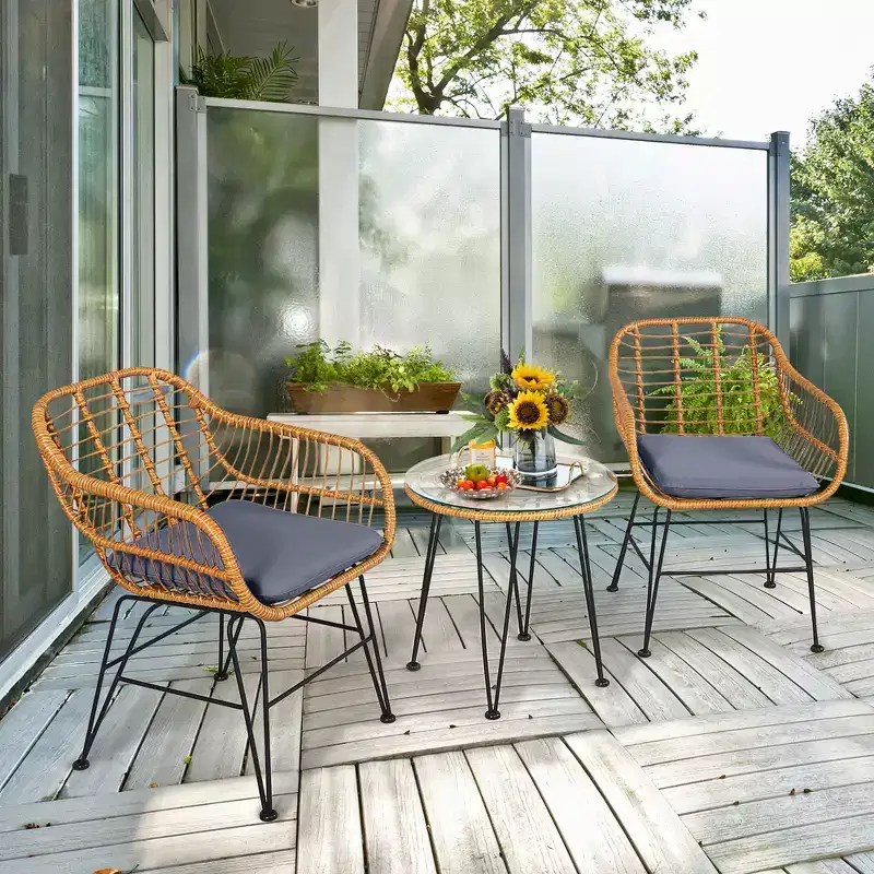 Costway 3PCS Patio Rattan Bistro Furniture Set Cushioned Chair Table