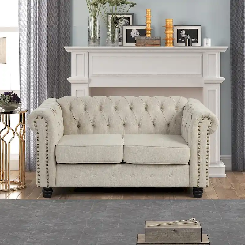 Morden Fort Linen Chesterfield Loveseat with Button Tufted, Nailhead and Solid Wood Legs for Living Room