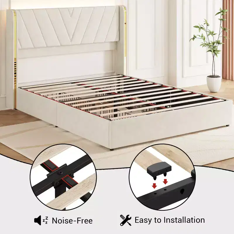 Bed Frame Upholstered with Storage, Wingback Headboard, Metal Frame with Wood Lath Support, No Box Spring Needed, Easy Assembly