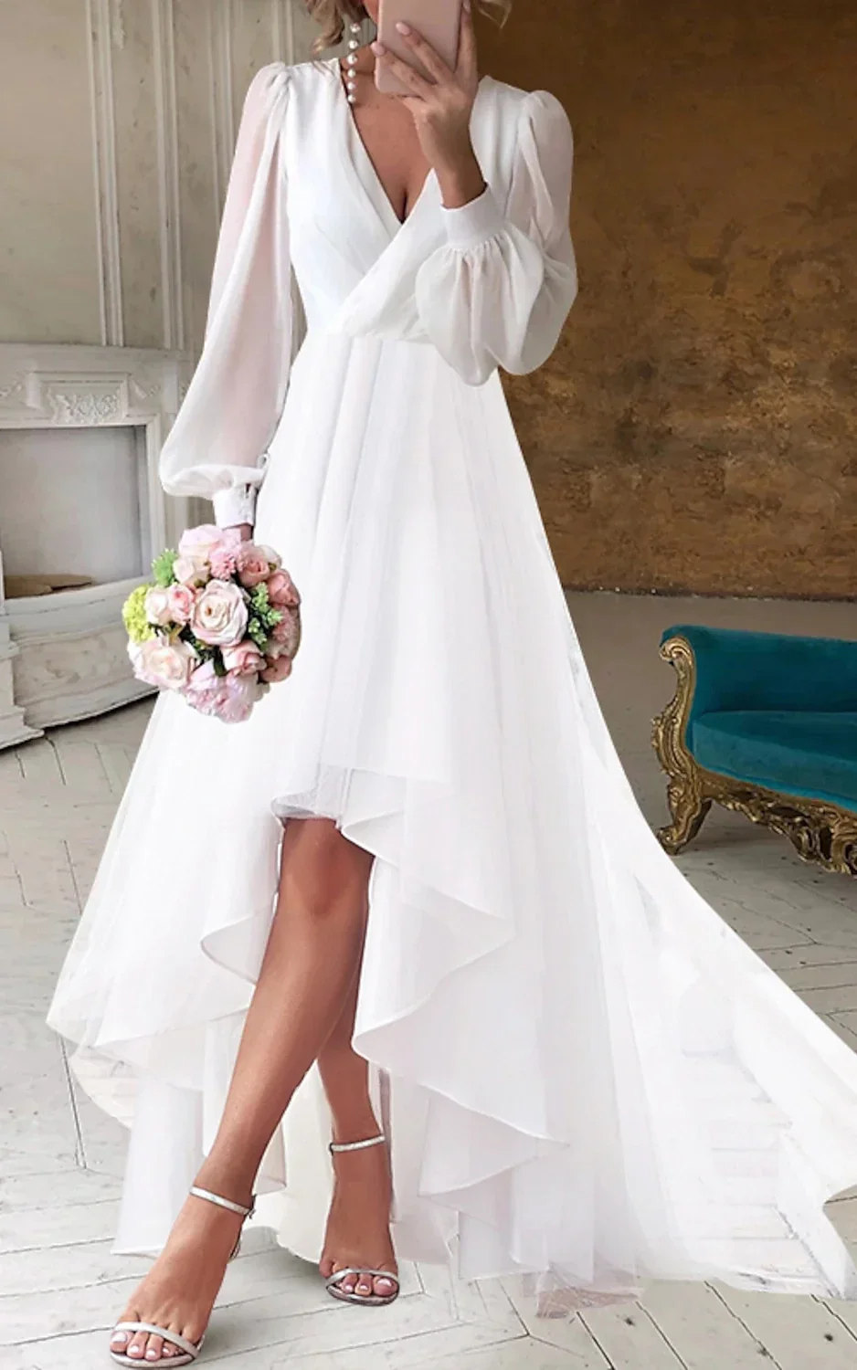 A-Line V-Neck Long Sleeves Elegant Casual Asymmetrical Chiffon Wedding Dress with Zipper Back