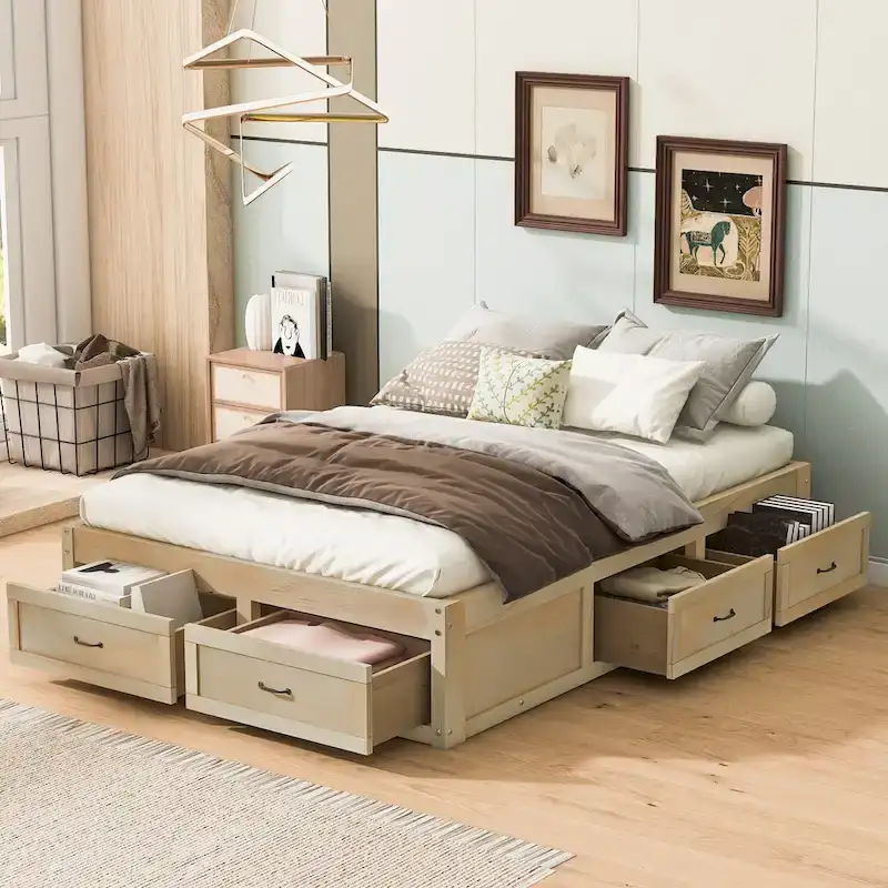 Antique White / Gray / Natural Full Size Platform Bed with 6 Storage Drawers – Single/Couple
