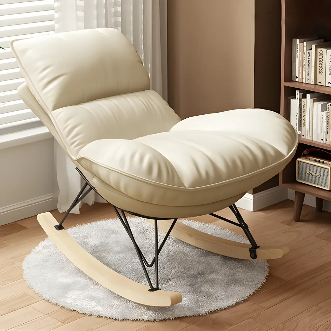 Natural Wood Upholstered Rocking Chair with Ottoman in White