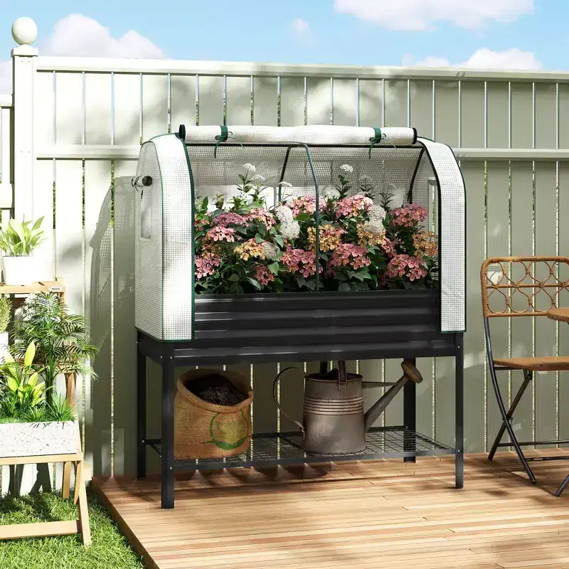 Outsunny Galvanised Raised Garden Bed with Greenhouse Cover, Metal Elevated Garden Bed with Bed Liner and Bottom Shelf
