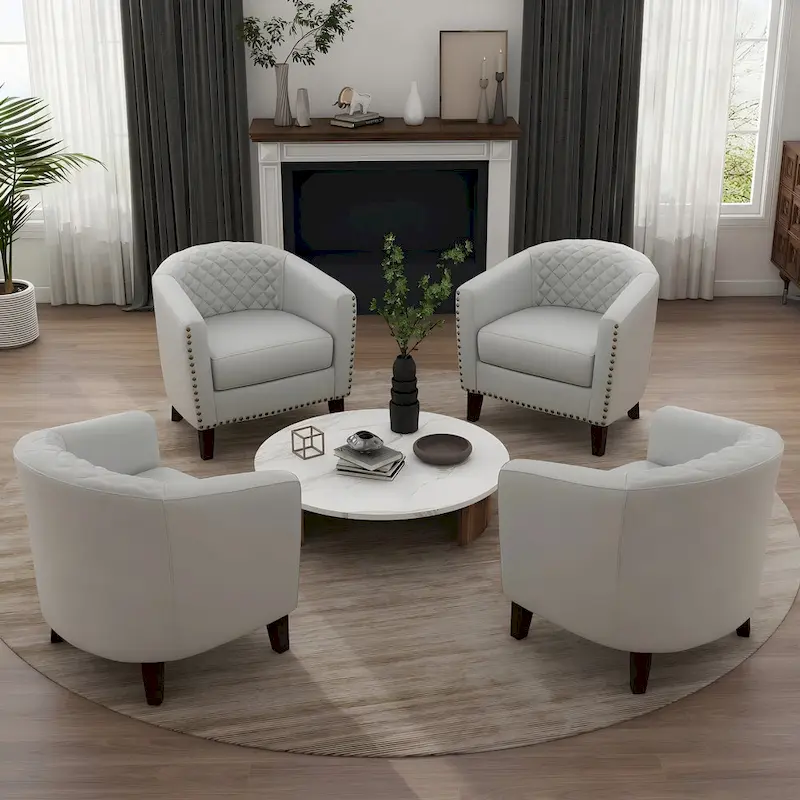Modern Faux Leather Barrel Accent Chair with Wood Legs