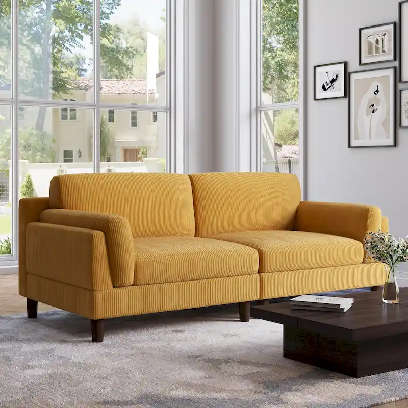 Orange / Gray / Green / Light Grey / Beige Corduroy 2-Seat Sofa with Removable Cover, Square Arms & Tapered Legs, 2-Person