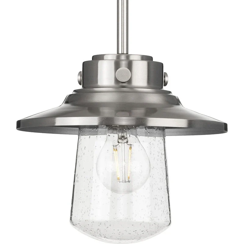 Tremont Collection 1-Light Stainless Steel Clear Seeded Glass Farmhouse Mini-Pendant Hanging Light - 9 in x 9 in x 8 in