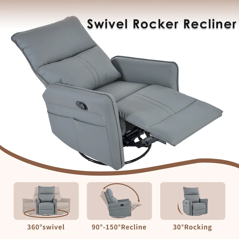 Blue-Gray PU Leather Swivel Glider Rocker Recliner with Pockets, Backrest
