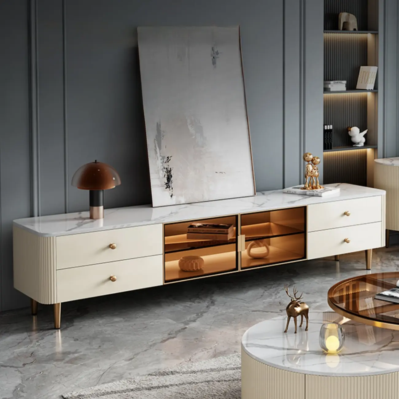 Beige Modern Stone TV Stand with LED LightS for Living Room