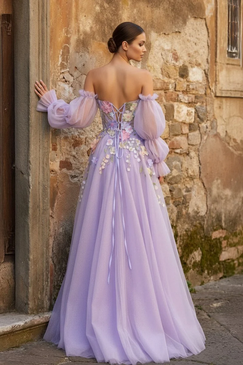 Lavender A-Line Strapless Tulle Prom Dress with 3D Flowers