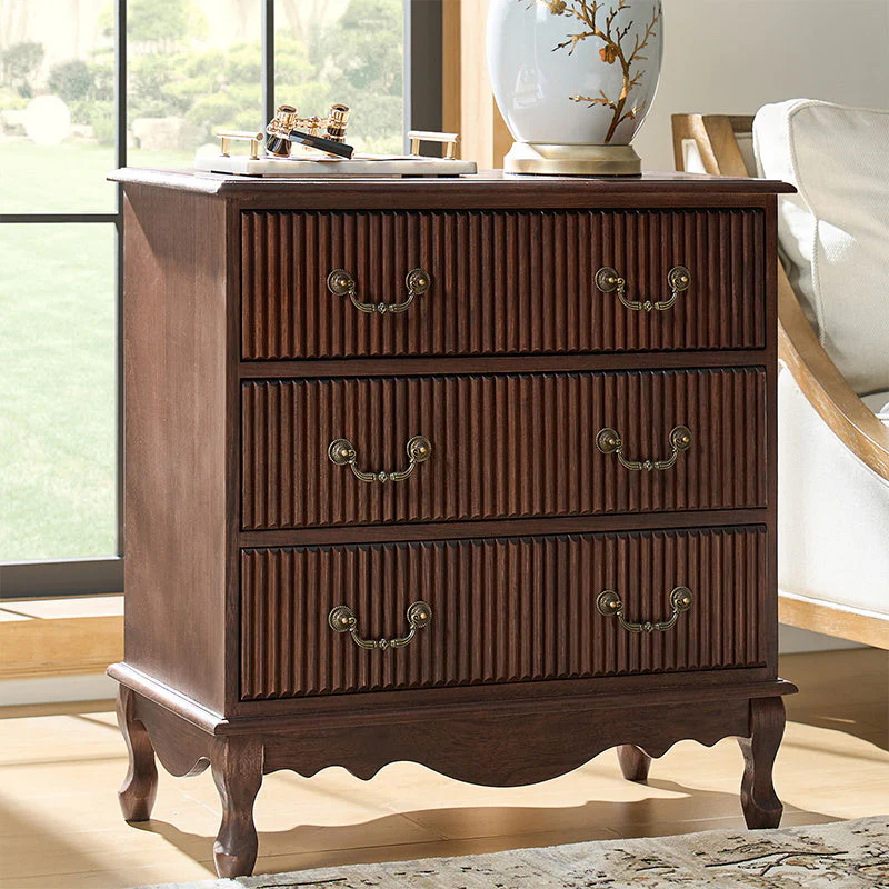 Fluted 3-Drawer Nightstand with Built-in Power Outlet & Solid Paulownia Wood Frame | Walnut / Charcoal / Cherry | Single