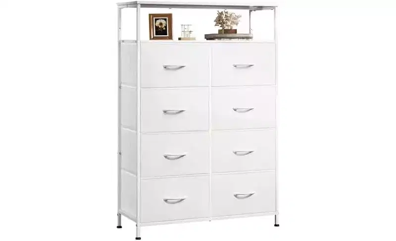 DEXYLLO Fabric Dresser for Bedroom with Open Shelves, Tall Dressers with 8 Drawers, Storage Tower with Fabric Bins, White