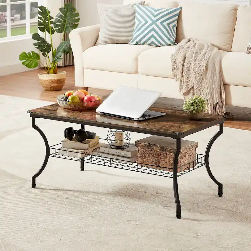 Brown Vintage Coffee Table with Metal Frame