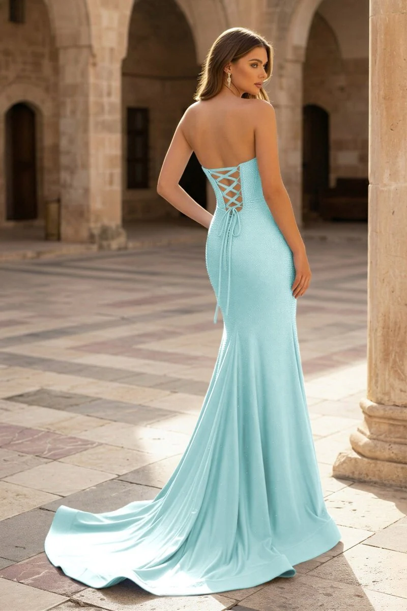 Sky Blue Strapless Satin Beaded Mermaid Long Prom Dresses With Slit