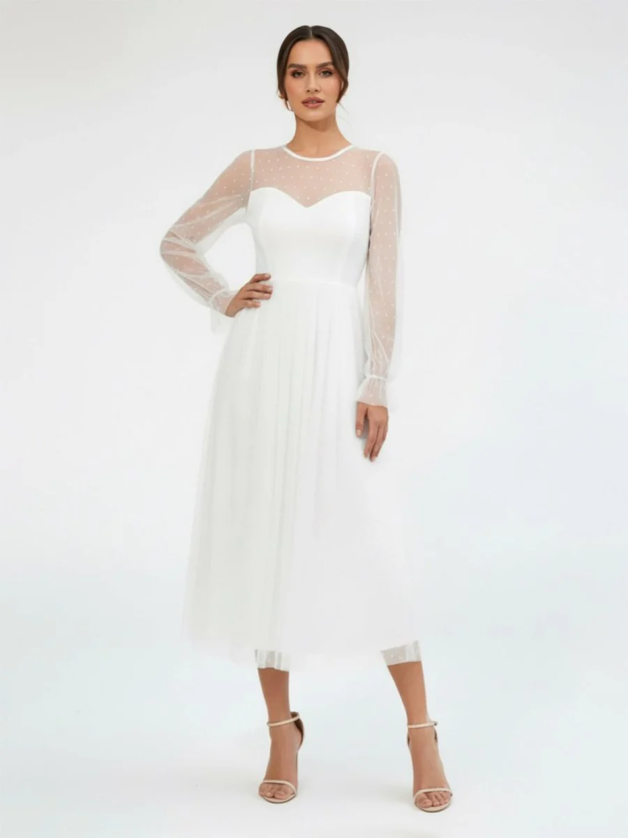 Elegant A-Line Long Sleeve Tea Length Wedding Dresses