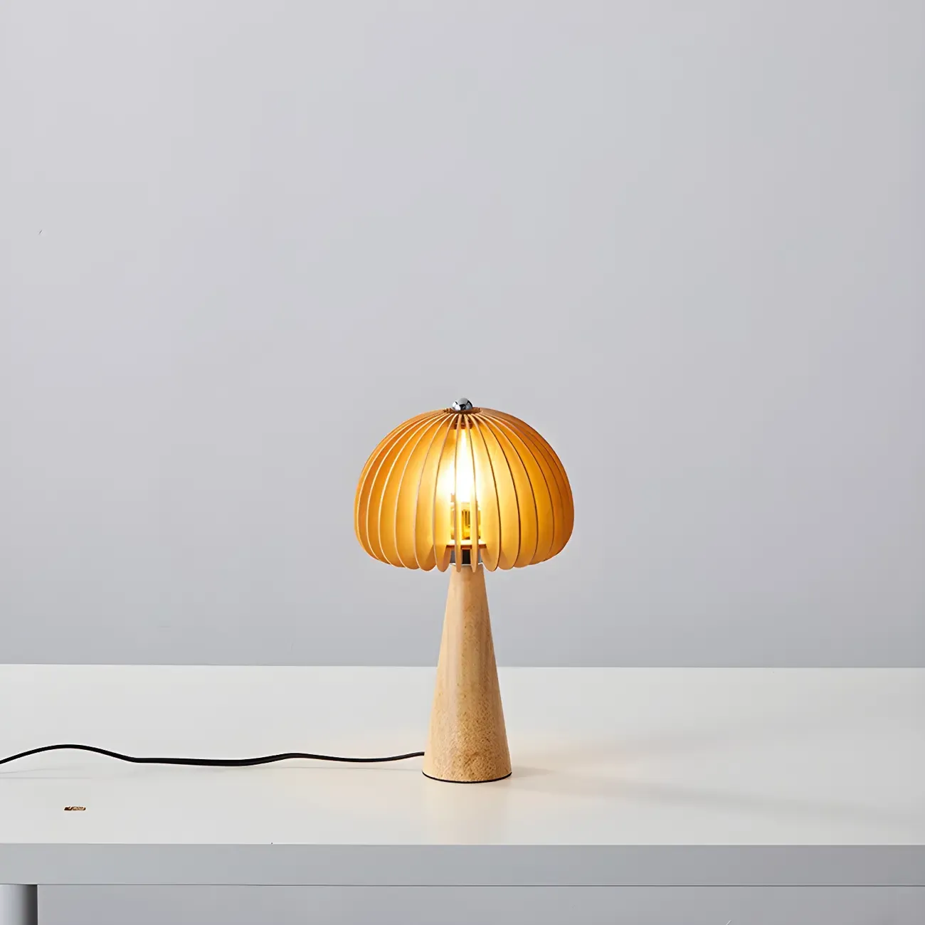 Art Deco Yellow Wooden Mushroom-Shaped LED Table Lamp