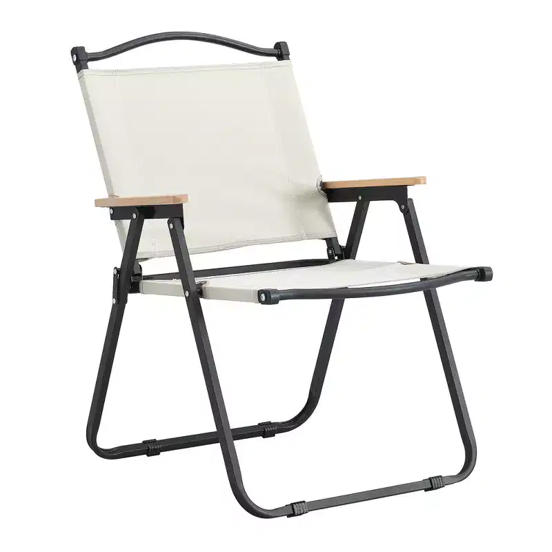 Okak Elegent 2PCS Camping Chairs with Wood Armrest, Folding Chair with Cuved Seat, Beach Chair for Backyard, BBQ, Party, Patio, Beige
