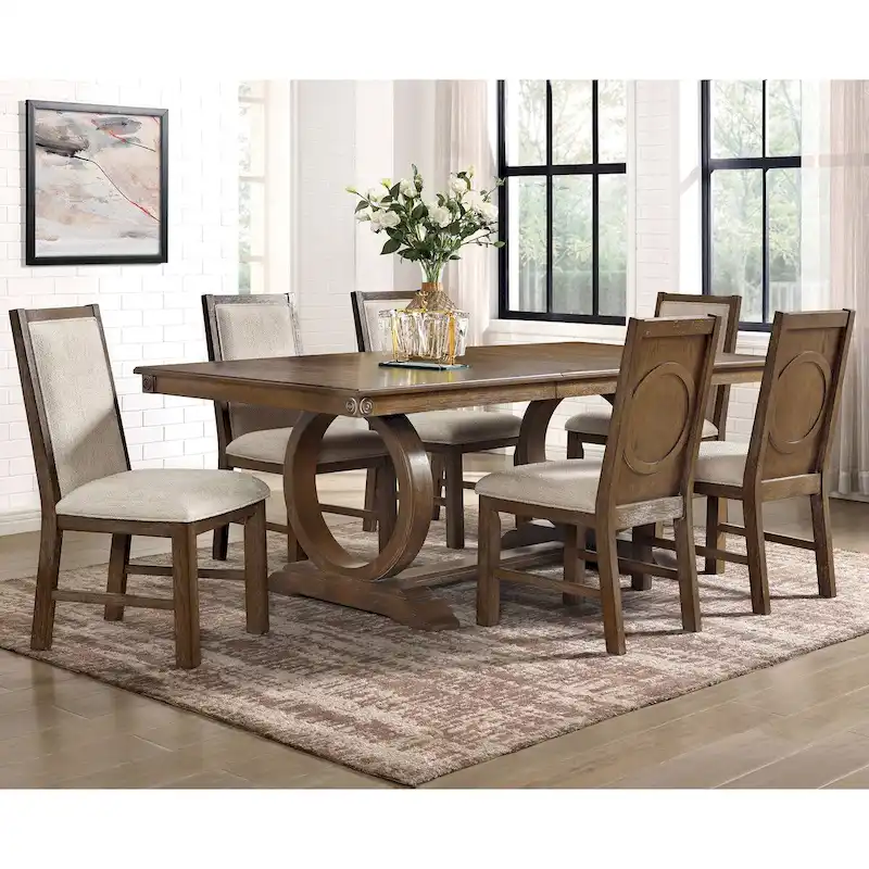 Transitional Rustic Oak 7-Piece Expandable Dining Table Set with Upholstered Chairs