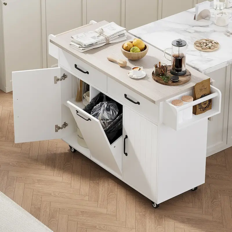 Kitchen Island with Trash Can Storage Cabinet, Drop-Leaf Cart, Spice&Towel Rack, Rolling Cart On Wheels with Adjustable Shelf
