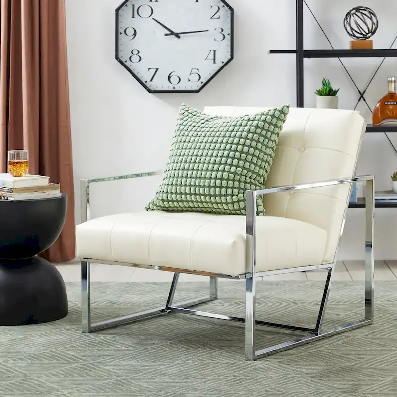 30.50H Cream Mid-Century PU Leather Tufted Accent Chair with Chrome Plated Frame