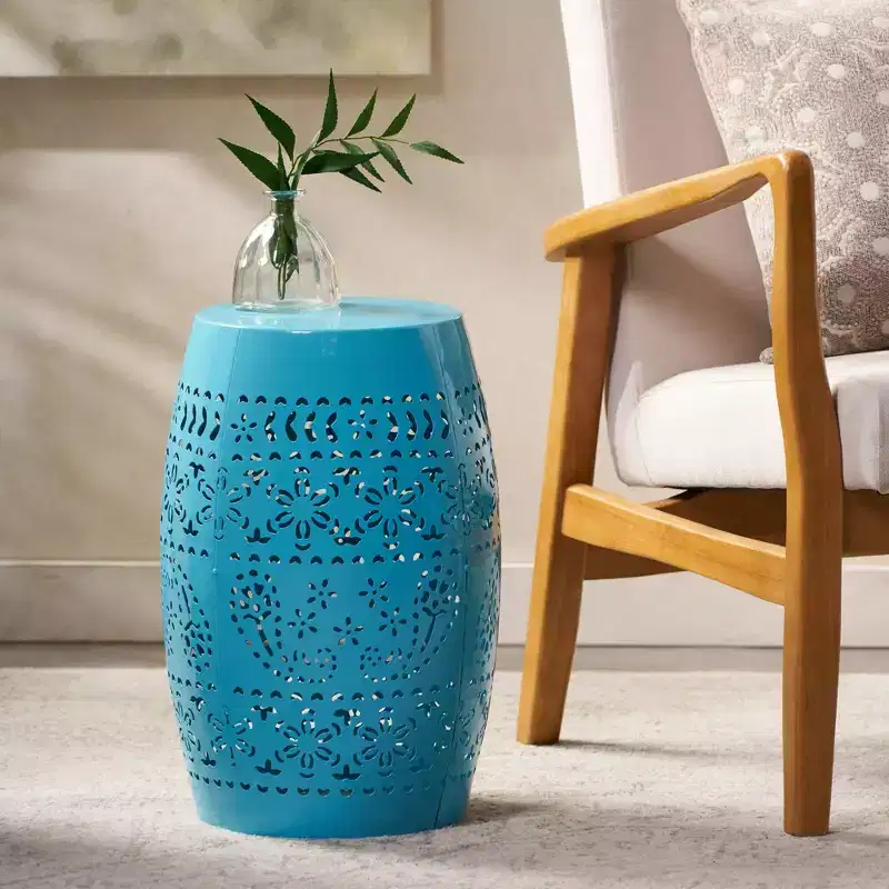 NAYSAYE Lace Cut Barrel Accent End Table Sculptural Metal Surface for Patio Garden Living Room Backyard, 12.25*12.25*18