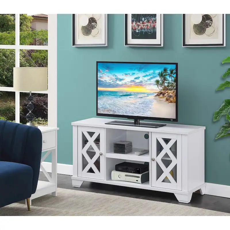 Black / White / Weathered Grey TV Stand with Glass-Door Cabinets & Shelves for 1-Room Use, Fits TVs up to 55