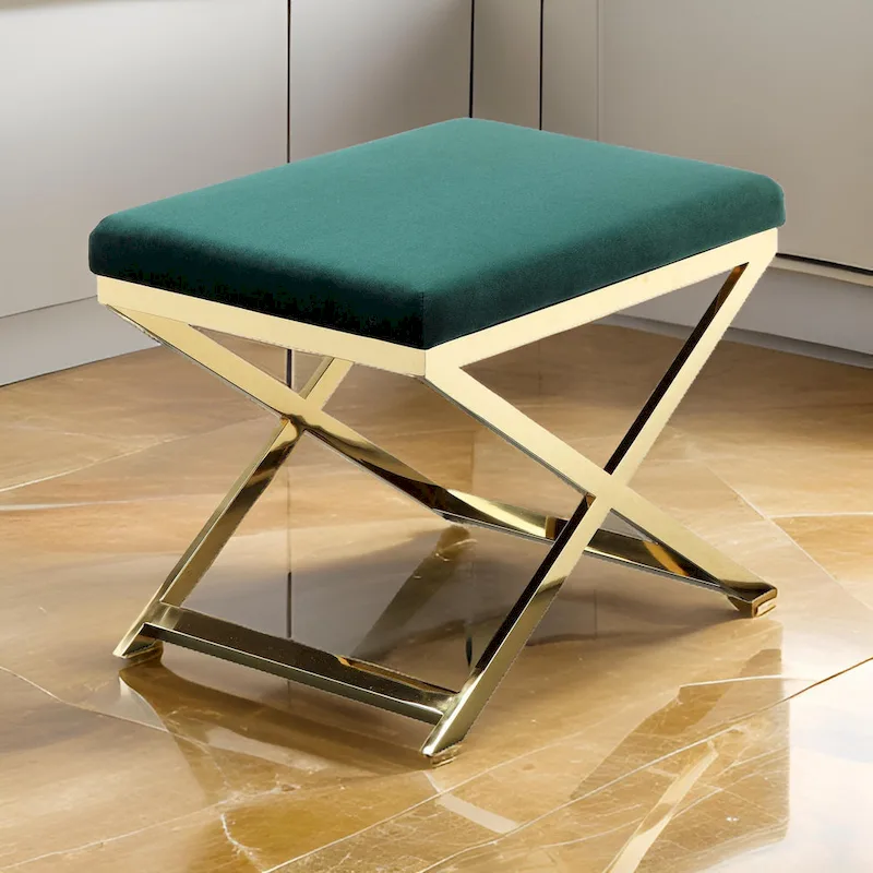 Sovi 24 Inch Accent Stool Ottoman Bench, Plush Green Velvet, Gold X Base